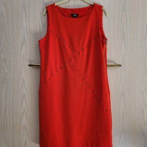 Premise Dress (12) Burnt Orange Sheath Dress with gold studs in X pattern lined